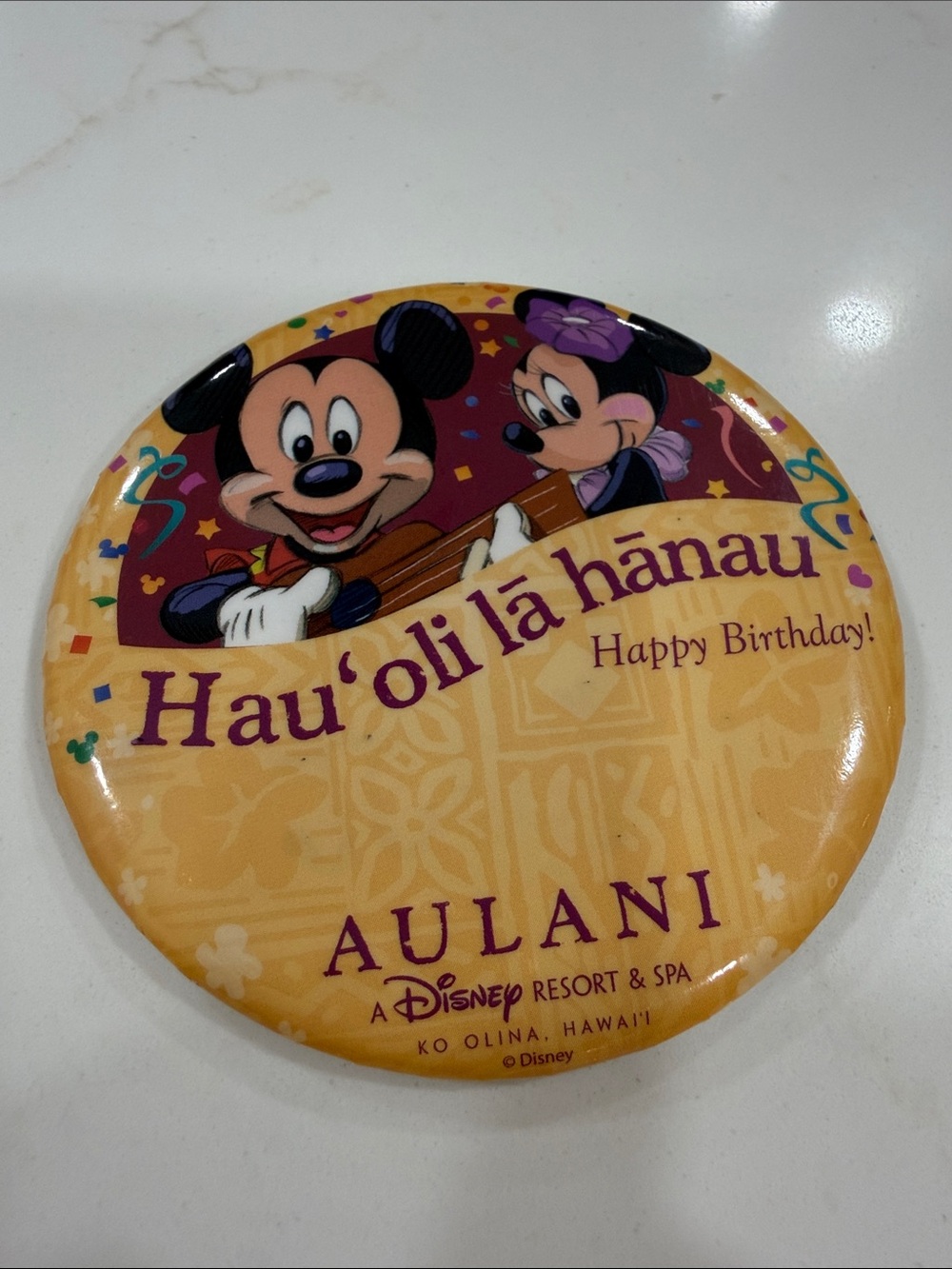 4/$10 Yellow "Happy Birthday" Aulani Mickey Button